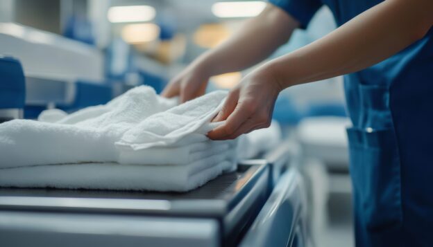 Profissional dobrando roupas limpas em uma lavanderia profissional especializada em roupas em geral.