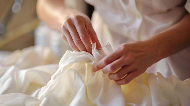 Lavagem de roupas delicadas sendo realizada com cuidado em tecido fino para preservar a fibra