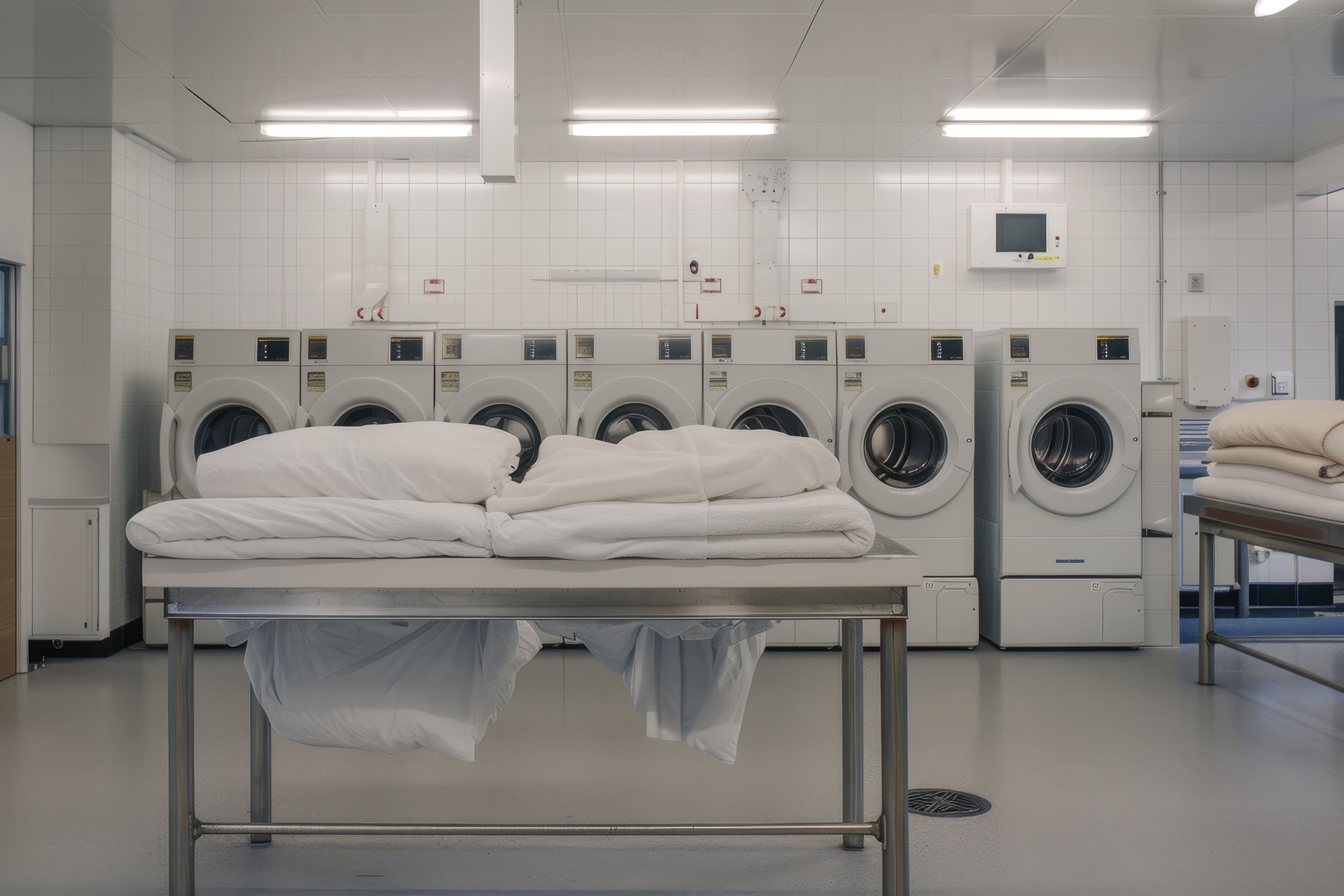 Lavagem de edredom em lavanderia profissional com máquinas industriais para higienização de roupas de cama