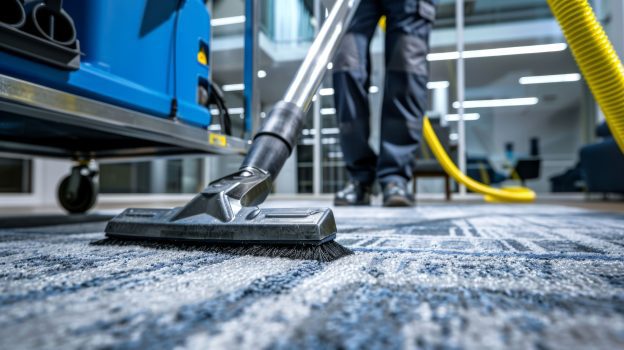 Lavagem profissional de carpete sendo realizada com equipamento industrial de sucção para limpeza profunda