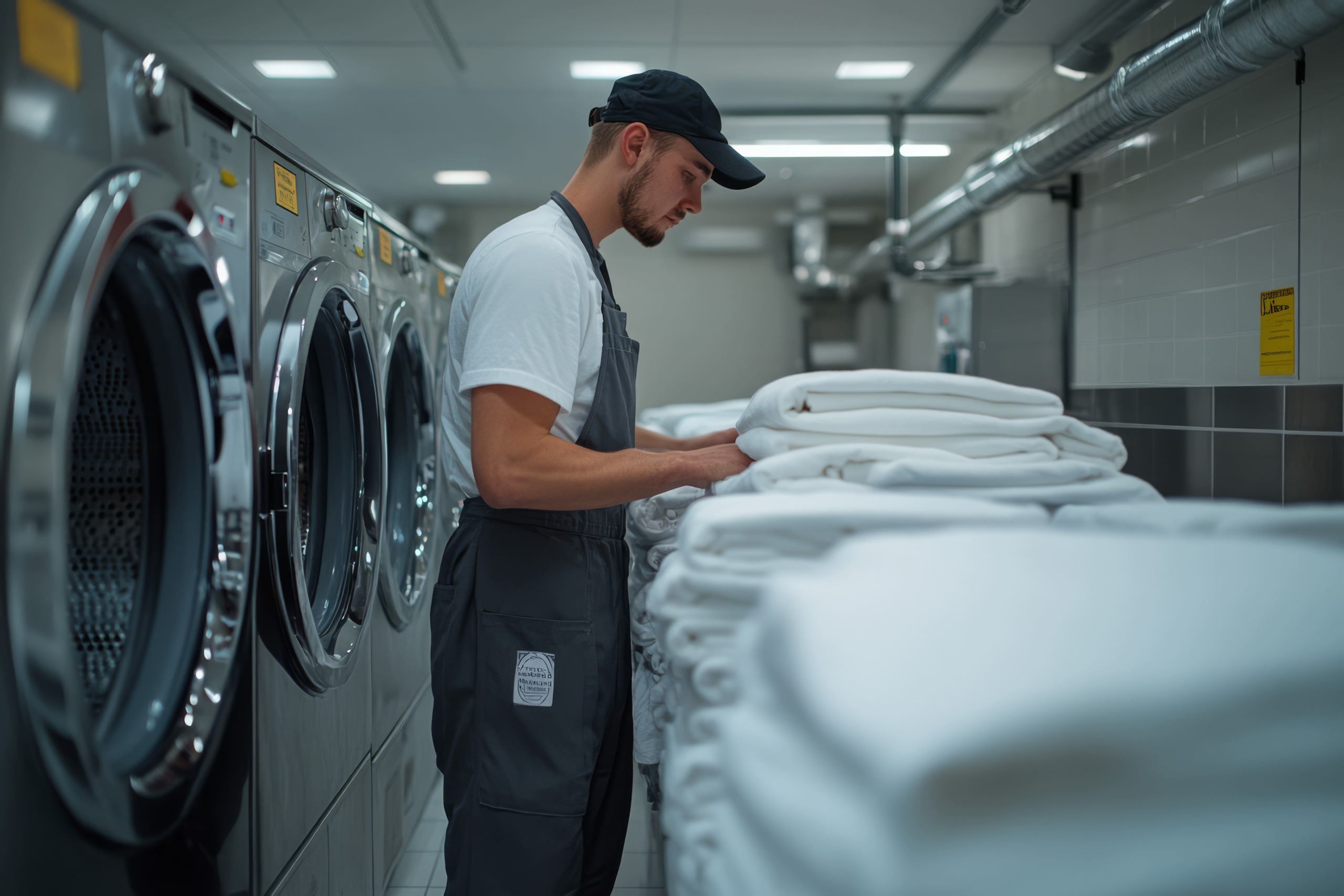 Lavanderia profissional em São Paulo com funcionário organizando roupas após processo de lavagem