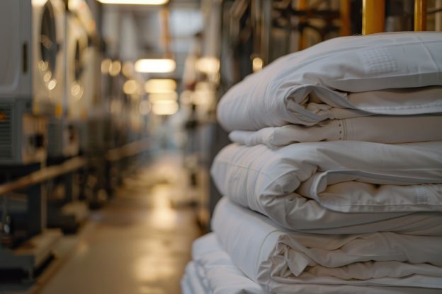 Edredons limpos dobrados em lavanderia profissional após lavagem completa e higienização profunda