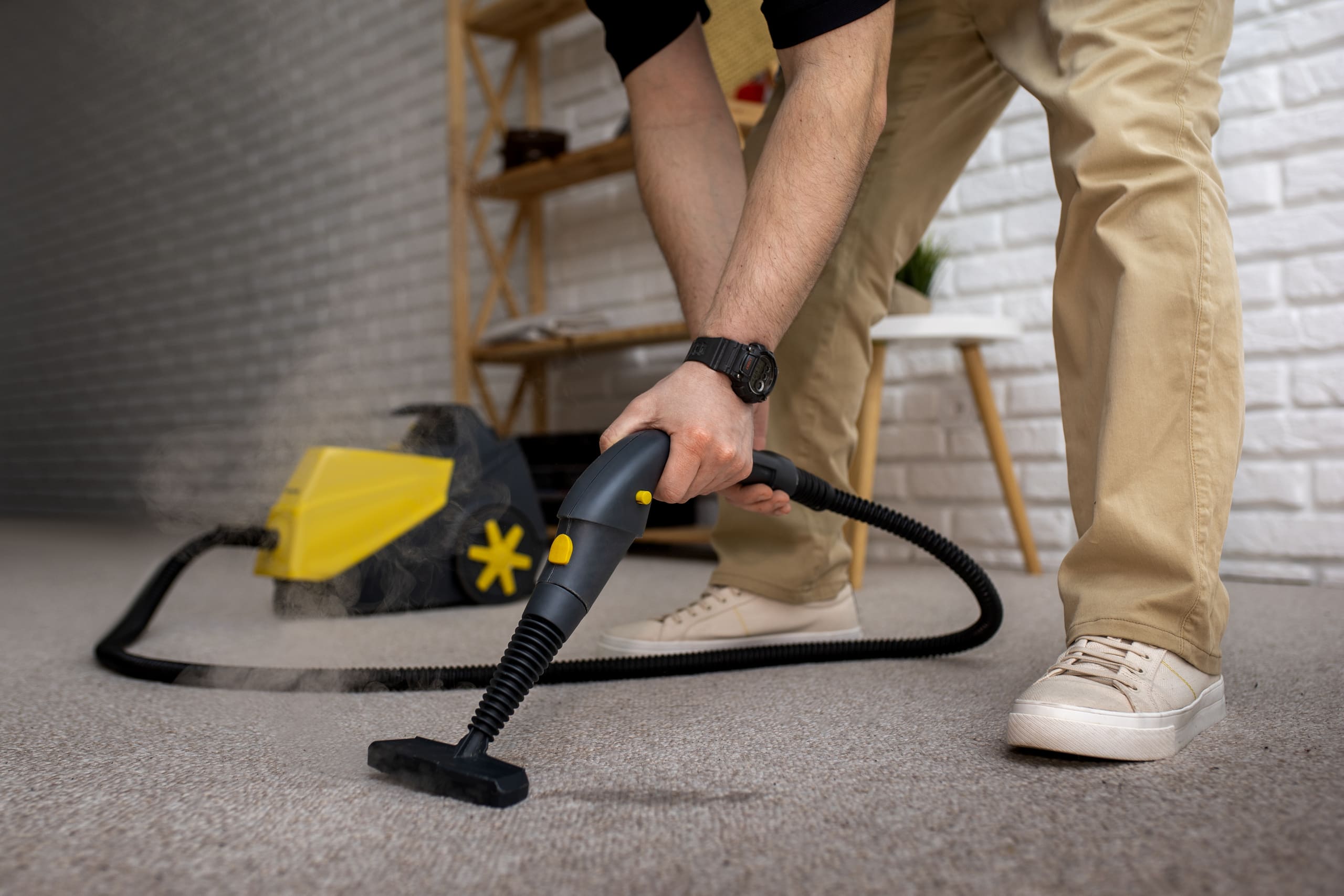 Profissional realizando higienização de tapete com equipamento a vapor em ambiente residencial.