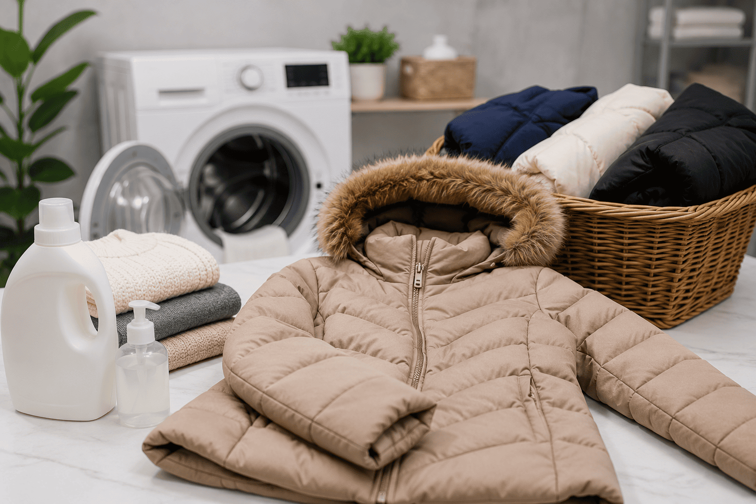 Casacos de inverno acolchoados preparados para higienização, destacando os cuidados necessários na lavagem de casacos de inverno para preservar o enchimento e o caimento das peças.