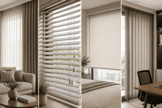 Cortinas e persianas instaladas em diferentes ambientes residenciais, destacando a importância da lavagem de cortinas e persianas para manter a higiene, a conservação e a durabilidade dos materiais.