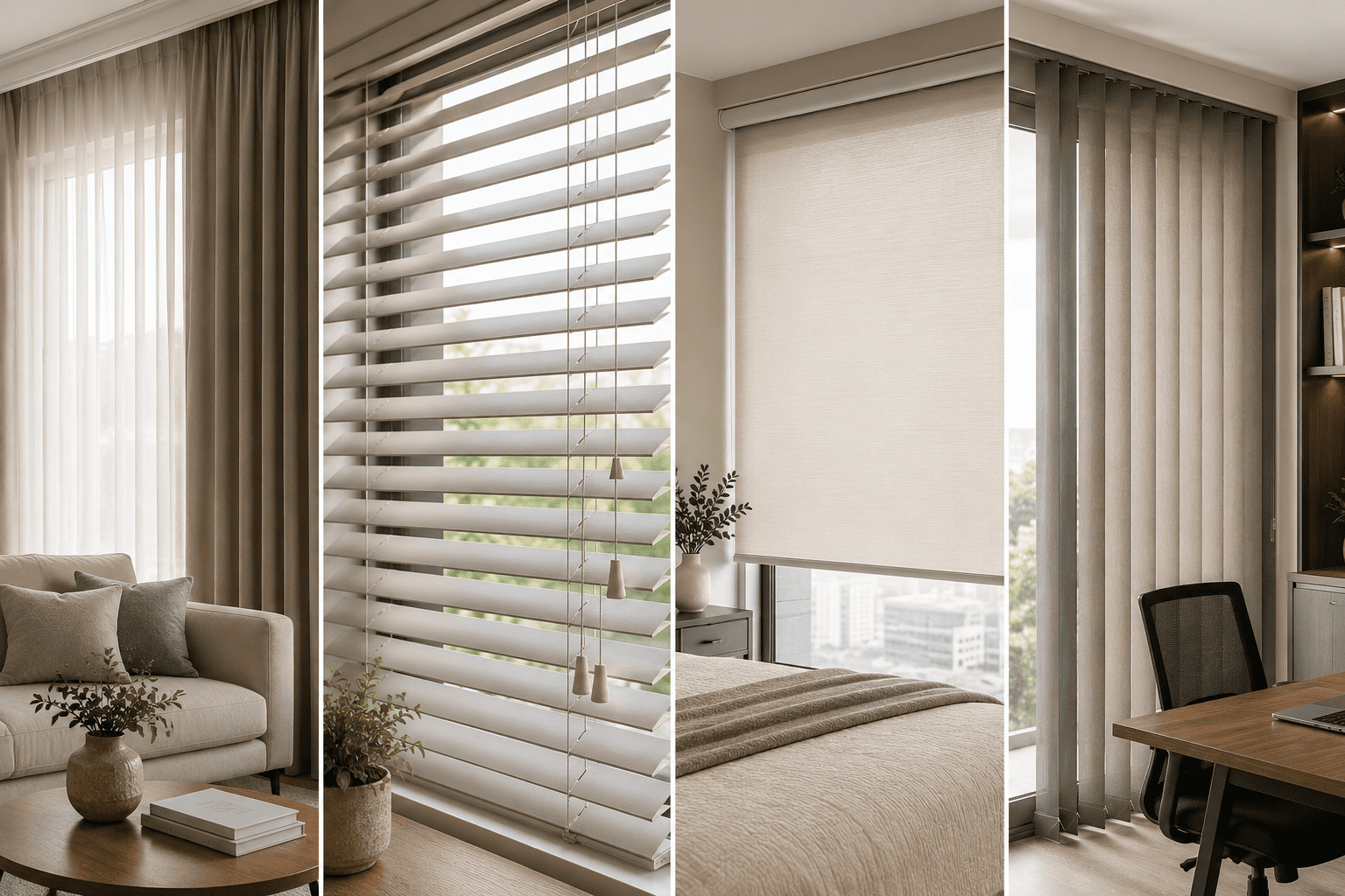 Cortinas e persianas instaladas em diferentes ambientes residenciais, destacando a importância da lavagem de cortinas e persianas para manter a higiene, a conservação e a durabilidade dos materiais.