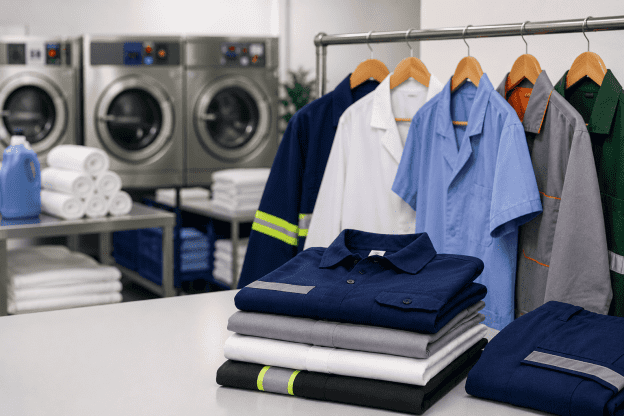 Lavagem de uniformes profissionais realizada em lavanderia especializada, com peças organizadas e equipamentos industriais que ajudam a preservar a durabilidade, as cores e a qualidade dos tecidos.