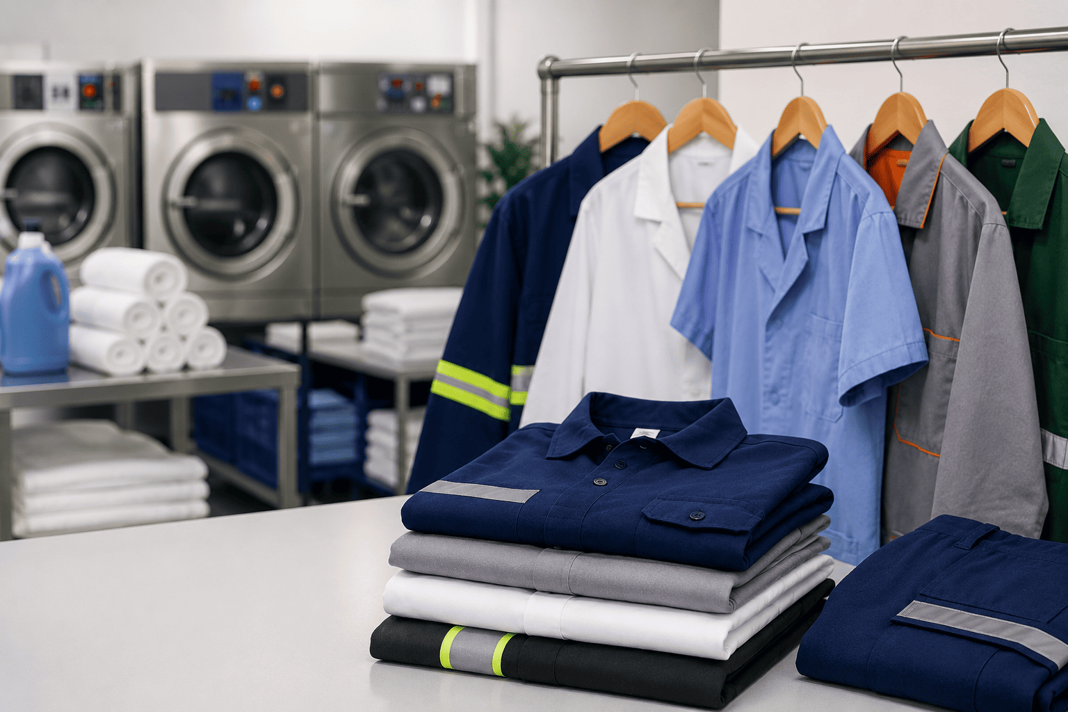 Lavagem de uniformes profissionais realizada em lavanderia especializada, com peças organizadas e equipamentos industriais que ajudam a preservar a durabilidade, as cores e a qualidade dos tecidos.